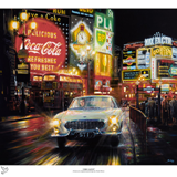 The Saint
Sir Roger Moore as 'The Saint' drives his Volvo P1800 through Piccadilly Circus.
Giclee on paper, 56cm x 46cm, limited edition of 50.
£75 + £6.95 p&p (U.K.) £8.95 (Worldwide)
Canvas edition also available, please contact for more details.
