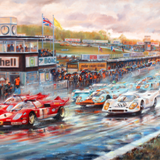 'Thunder in the Rain'
Start of the 1970 BOAC 1000km at Brands Hatch.
Giclee on paper, image 56cm x 38cm, limited edition of 50.
£75 + £6.95 p&p (U.K.) £8.95 (Worldwide)
Canvas edition also available, please contact for more information.