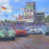 Goodwood TT 1962
Innes Ireland in the UDT Ferrari 250 GTO, leads away at the start, followed by John Surtees (Ferrari), Mike Parkes (Ferrari), Graham Hill (Ferrari), Jim Clark (Aston Martin). Ireland eventually winning ahead of Graham Hill.
Acrylic on canvas, 150cm x 100cm
