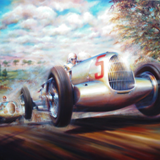'Flight of the Silver Arrows'
The Auto Union of Bernd Rosemeyer leaping to victory at Donington in 1937.
Oil on canvas, 120cm x 140cm
SOLD